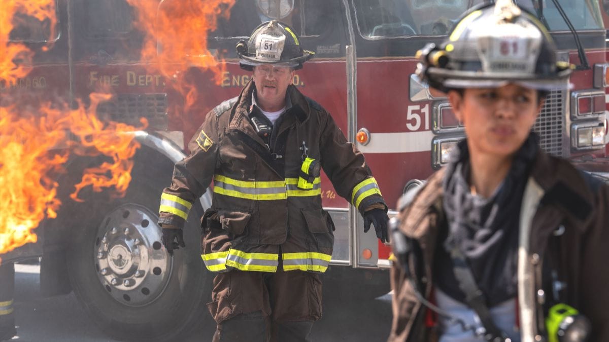 Christian Stolte as Mouch and Miranda Rae Mayo as Stella Kidd in the Chicago Fire season 14 premiere. (Photo Credit: Courtesy of NBC.)