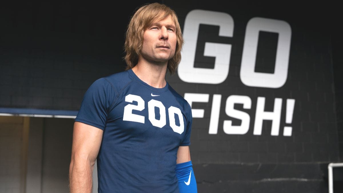 Actor Glen Powell portrays the character of Chad Powers in the Hulu TV series Chad Powers. (Photo Credit: Courtesy of Hulu.)