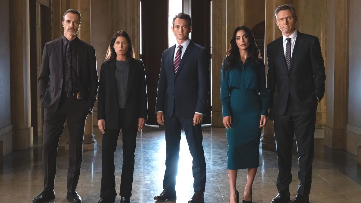 Reid Scott, Maura Tierney, Hugh Dancy, Odelya Halevi and Tony Goldwyn in a Law & Order Season 25 cast photo. (Photo Credit: Courtesy of NBC.)