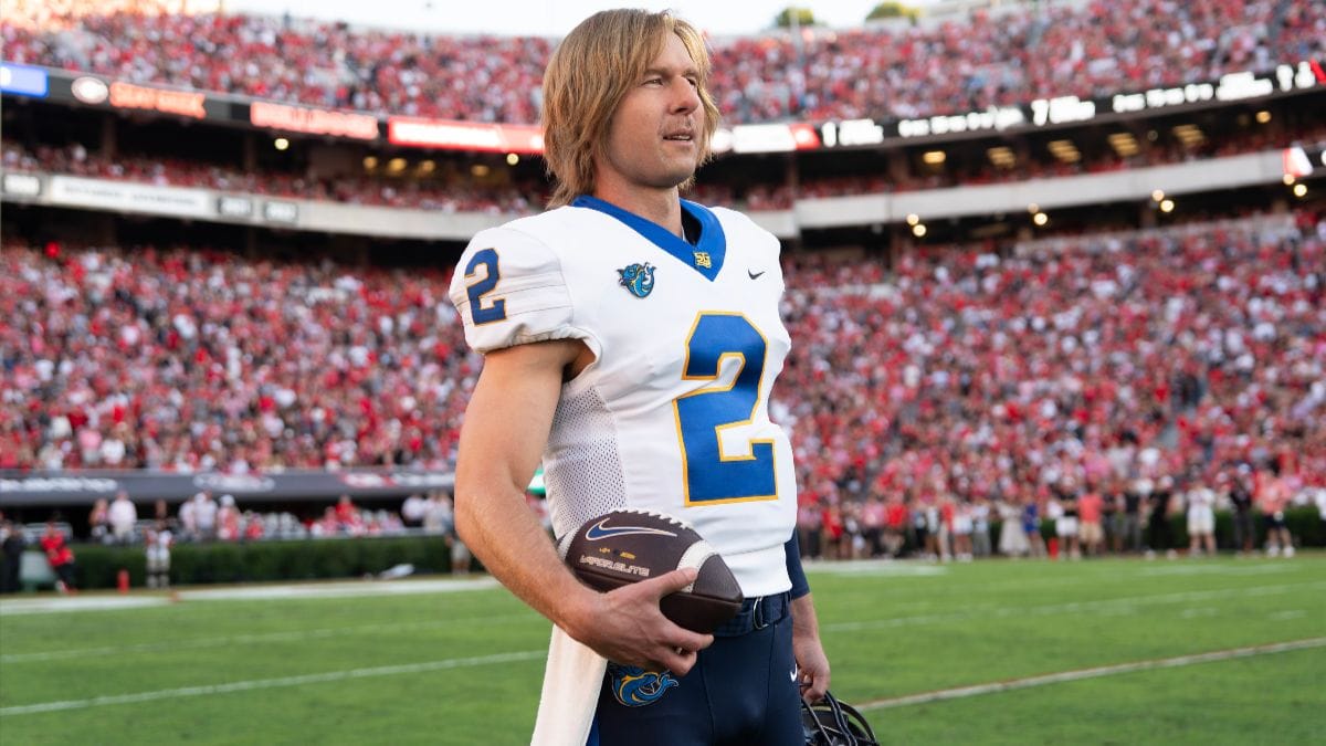 Actor Glen Powell as Chad Powers in Chad Powers season 1, episode 6. (Photo Credit: Courtesy of Hulu.)