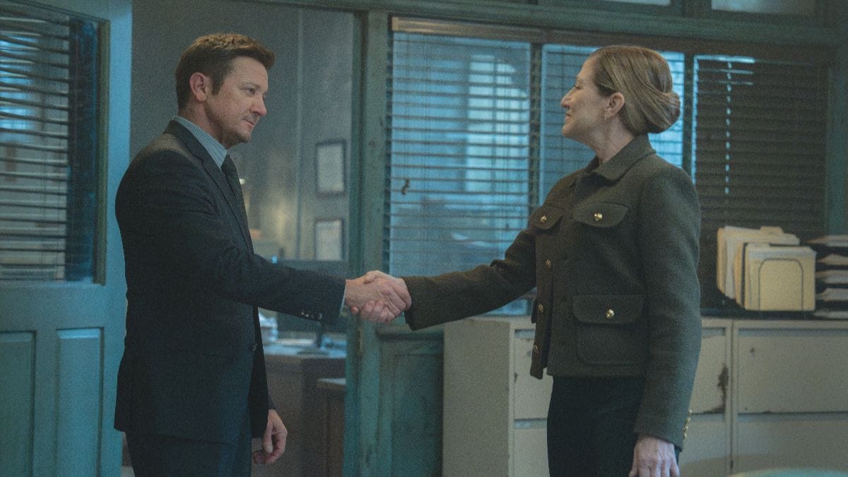 Actor Jeremy Renner and actor Edie Falco in a scene from the Mayor of Kingstown season 4 premiere. (Photo Credit: Courtesy of Paramount+.)