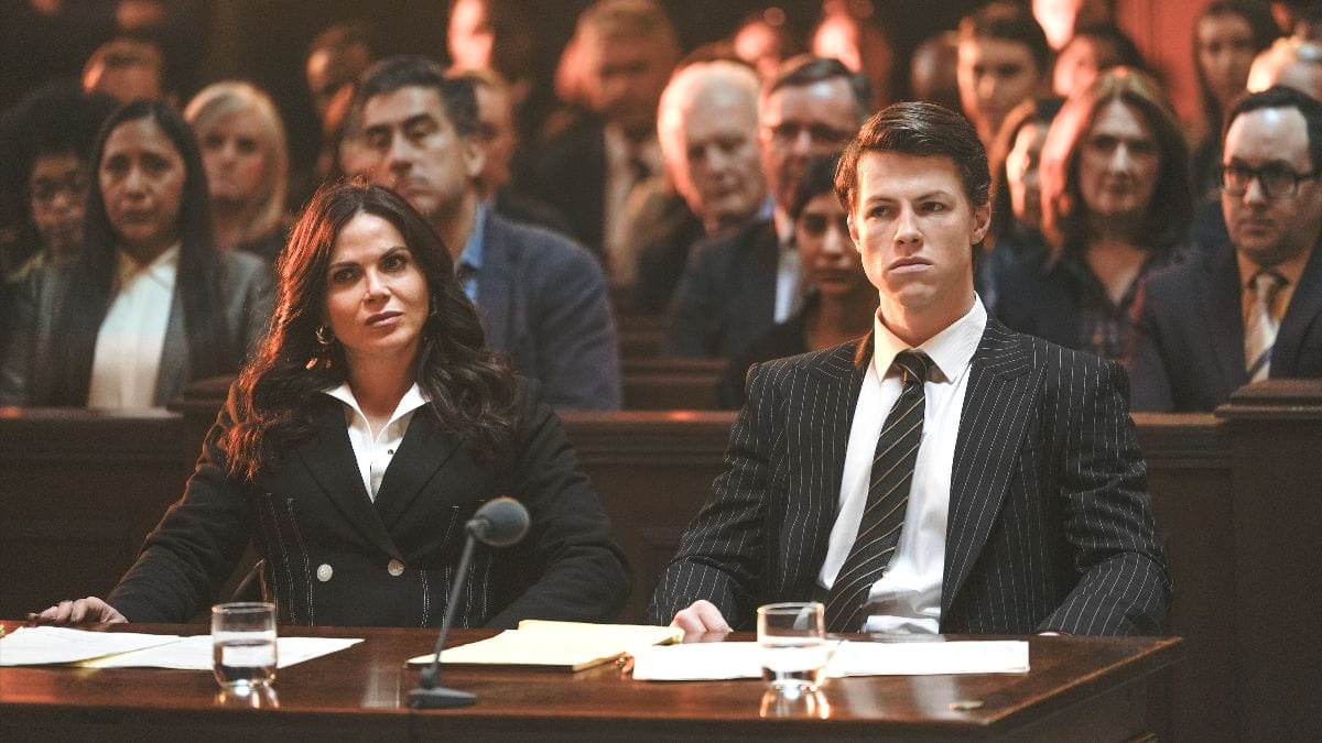 Actor Lana Parrilla as Bruiser Stone and actor Milo Callaghan as Rudy Baylor in The Rainmaker season 1, episode 10. (Photo Credit: Courtesy of USA.)