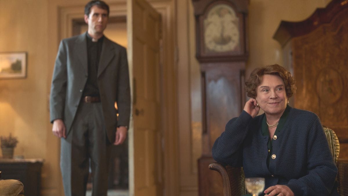 Matthew Lewis as Canon Daniel Clement and Amanda Redman as Audrey in the Acorn TV series Murder Before Evensong. (Photo Credit: Courtesy of Acorn TV.)