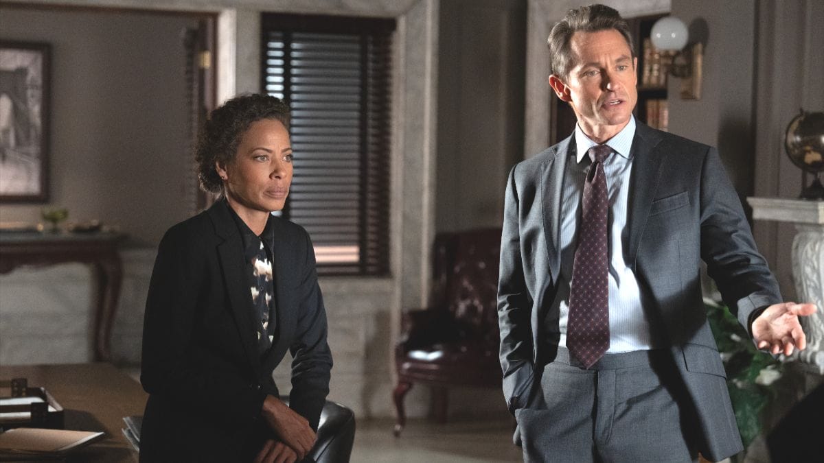 Actors Tawny Cypress and Hugh Dancy in a scene from Law & Order season 25, episode 2. (Photo Credit: Courtesy of NBC.)