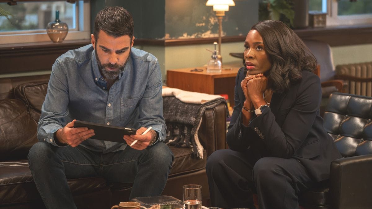 Actor Zachary Quinto as Dr. Oliver Wolf and actor Tamberla Perry as Dr. Carol Pierce in Brilliant Minds season 2, episode 5. (Photo Credit: Courtesy of NBC.)