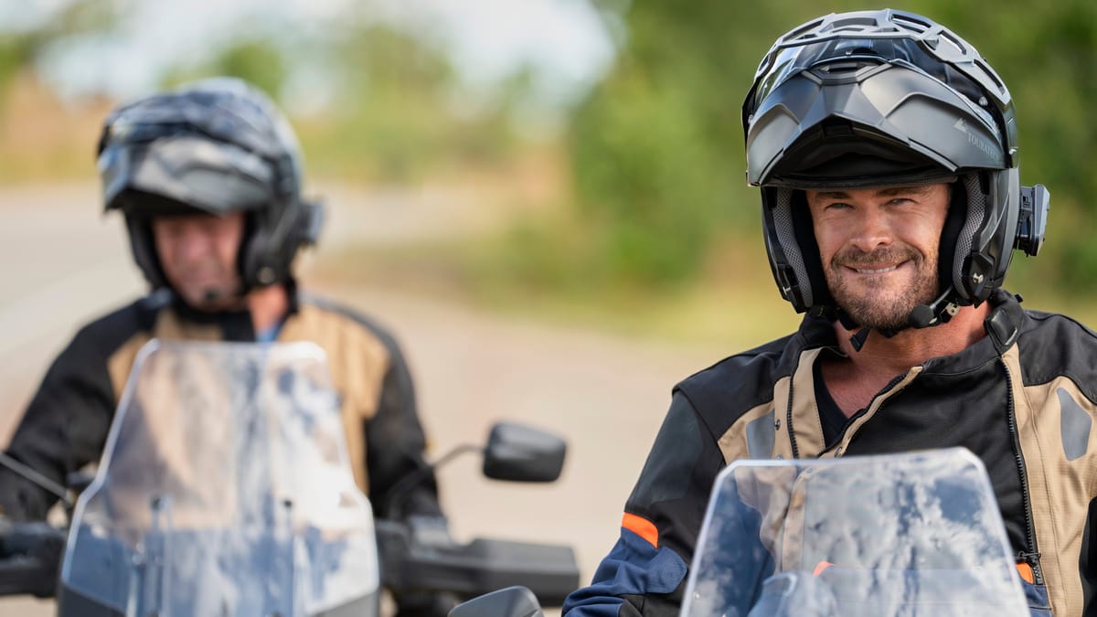 Actor Chris Hemsworth and his father Craig Hemsworth on motorcycles in Chris Hemsworth: A Road Trip to Remember. (Photo Credit: Craig Parry/Courtesy of National Geographic.)