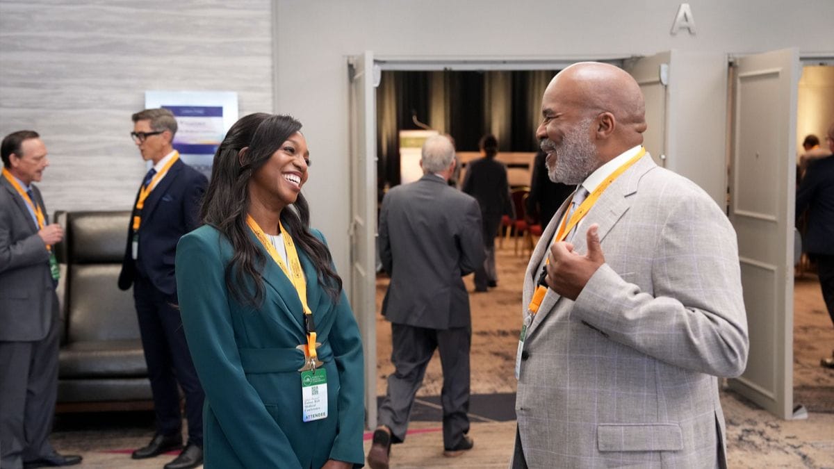 Actor Enuka Okuma as Dr. Autumn Fenner and actor David Alan Grier as Ron in St. Denis Medical season 2, episode 4. (Photo Credit: Courtesy of NBC.)