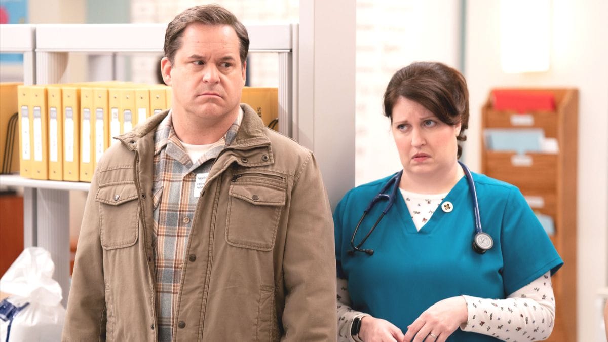 Actor Kyle Bornheimer as Tim and actor Allison Tolman as Alex in St Denis Medical season 2 episode 3. (Photo Credit: Courtesy of NBC.)