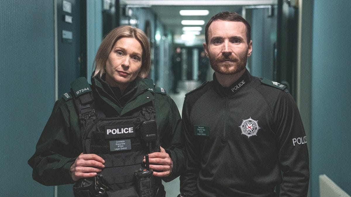 Actor Sian Brooke as Grace and actor Martin McCann as Stevie in Blue Lights season 3. (Photo Credit: Peter Marley/Courtesy of BritBox.)
