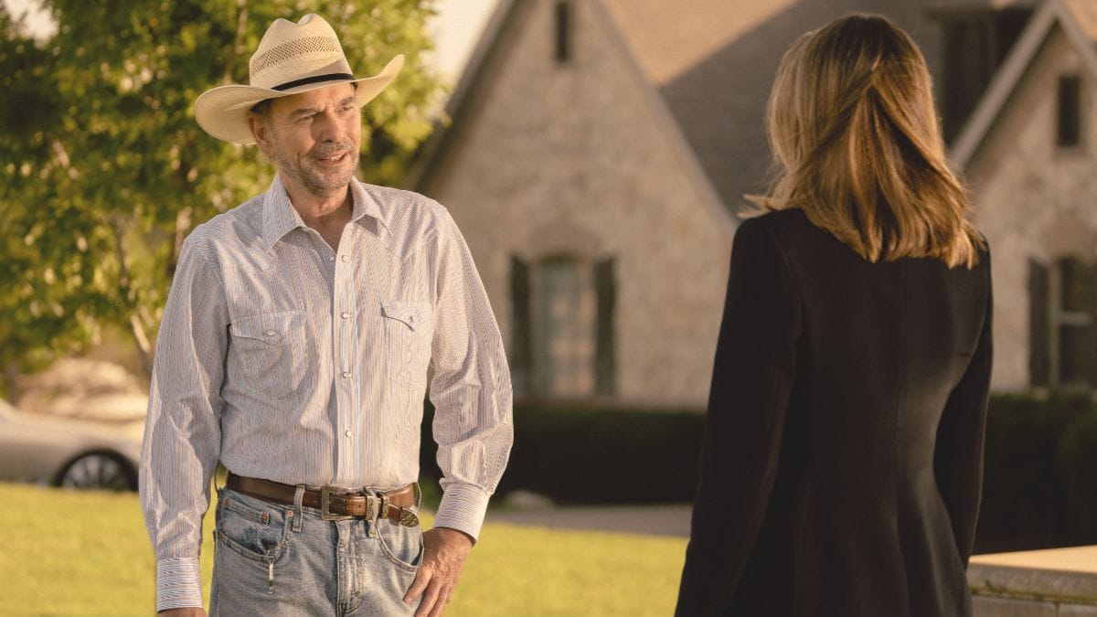 Actor Billy Bob Thornton as Tommy Norris and actor Kayla Wallace as Rebecca Falcone in Landman season 2 episode 7. (Photo Credit: Courtesy of Paramount+.)