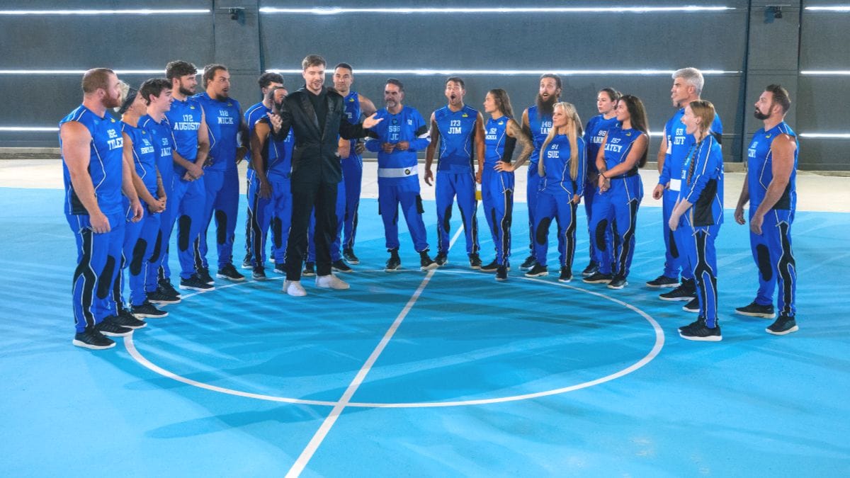 Jimmy "MrBeast" Donaldson speaks with Beast Games season 2 contestants in episode 5. (Photo Credit: Cory Osborne/Courtesy of Prime Video.)