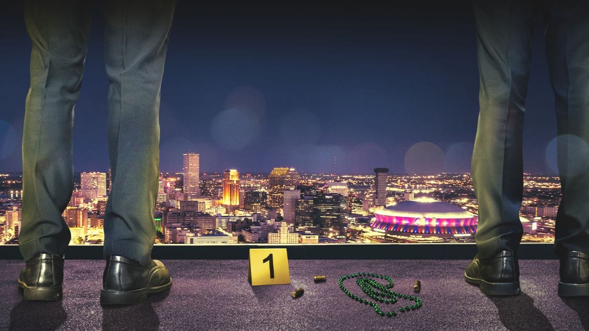 The key art for Homicide Squad: New Orleans Season 3 depicts two detectives standing at a crime scene. (Photo Credit: Courtesy of A&E.)