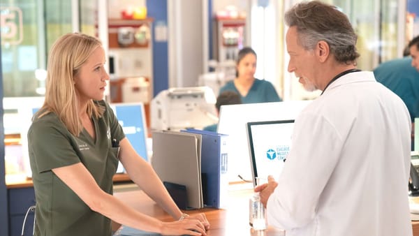 Jessy Schram as Dr. Hannah Asher and Steven Weber as Dr. Dean Archer in the Chicago Med season 11 premiere. (Photo Credit: Courtesy of NBC.)