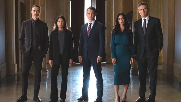 Reid Scott, Maura Tierney, Hugh Dancy, Odelya Halevi and Tony Goldwyn in a Law & Order Season 25 cast photo. (Photo Credit: Courtesy of NBC.)
