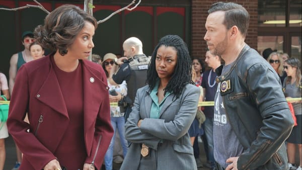Actor Gloria Reuben as Mae Silver, Sonequa Martin-Green as Lena Silver and Donnie Wahlberg as Danny Reagan in Boston Blue season 1, episode 2. (Photo Credit: Courtesy of CBS.)