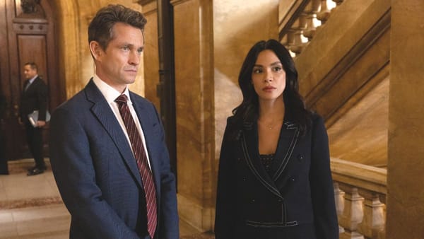 Actor Hugh Dancy as Nolan Price and actor Odelya Halevi as Samantha Maroun in Law & Order season 25, episode 4. (Photo Credit: Courtesy of NBC.)