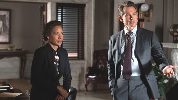 Actors Tawny Cypress and Hugh Dancy in a scene from Law & Order season 25, episode 2. (Photo Credit: Courtesy of NBC.)