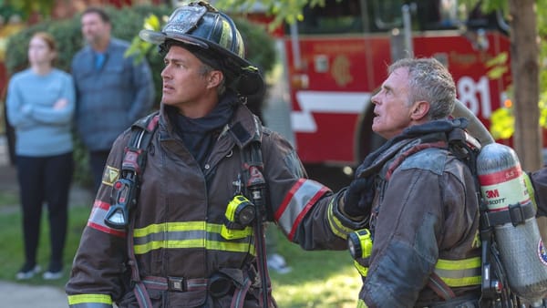 Actor Taylor Kinney as Kelly Severide and actor David Eigenberg as Christopher Herrmann in Chicago Fire season 14, episode 4. (Photo Credit: Courtesy of NBC.)