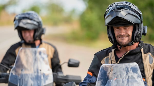 Actor Chris Hemsworth and his father Craig Hemsworth on motorcycles in Chris Hemsworth: A Road Trip to Remember. (Photo Credit: Craig Parry/Courtesy of National Geographic.)