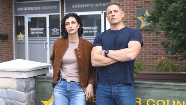 Actor Morena Baccarin and actor Matt Lauria on the set of the CBS TV show Sheriff Country. (Photo Credit: Courtesy of CBS.)