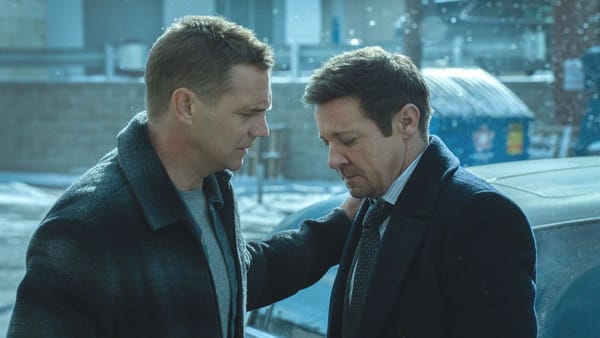 Actor Taylor Handley as Kyle McLusky and actor Jeremy Renner as Mike McLusky in the Mayor of Kingstown season 4 premiere. (Photo Credit: Courtesy of Paramount+.)