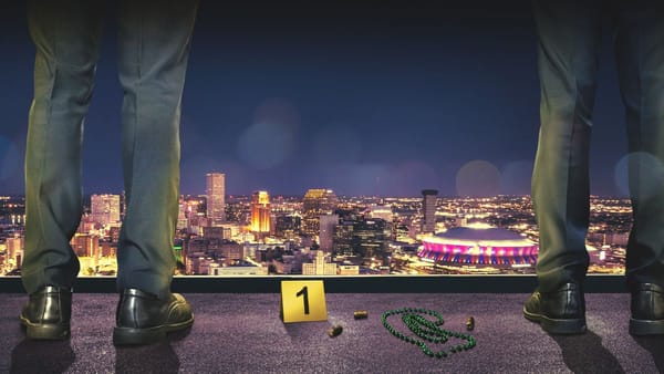 The key art for Homicide Squad: New Orleans Season 3 depicts two detectives standing at a crime scene. (Photo Credit: Courtesy of A&E.)