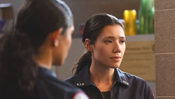 Actor Miranda Rae Mayo as Stella Kidd and actor Hanako Greensmith as Violet Mikami in Chicago Fire season 14 episode 11. (Photo Credit: Courtesy of NBC.)