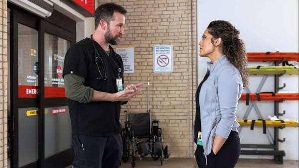 Actor Noah Wyle as Dr. Michael "Robby" Rabinovitch and actor Sepideh Moafi as Dr. Baran Al-Hashimi in The Pitt season 2 episode 2. (Photo Credit: Courtesy of HBO Max.)
