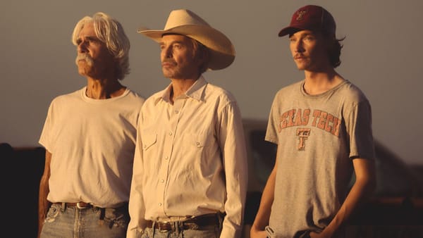 Sam Elliott as TL Norris, Billy Bob Thornton as Tommy Norris and Jacob Lofland as Cooper Norris in Landman season 3, episode 10. (Photo Credit: Courtesy of Paramount+.)