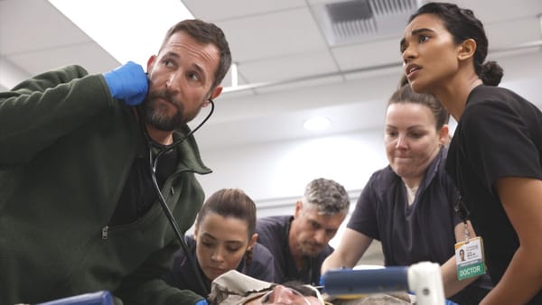 Noah Wyle, Ned Brower and Supriya Ganesh in a scene from The Pitt season 2, episode 1. (Photo Credit: Courtesy of HBO Max.)