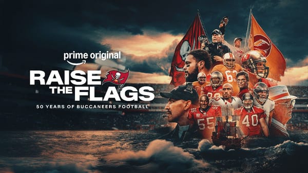 The key art for the Prime Video docuseries Raise the Flags: 50 Years of Buccaneers Football. (Photo Credit: Courtesy of Prime Video.)